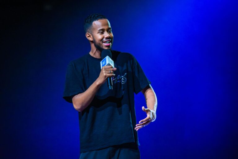 TORONTO, ON - SEPTEMBER 20: Mustafa the Poet performs on stage during the 2018 WE Day Toronto Show at Scotiabank Arena on September 20, 2018 in Toronto, Canada.