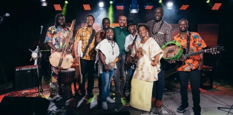 Okavango African Orchestra group photograph of them standing on a lit stage while some hold musical instruments