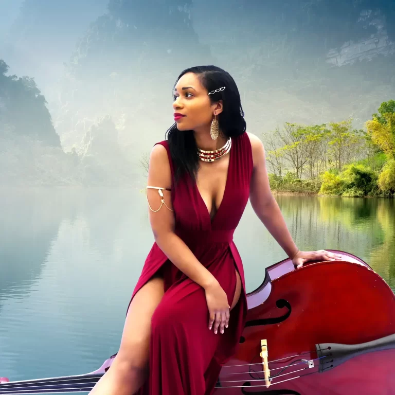 Angelique Francis in a burgundy dress, sitting on the side of a bass instrument, in front of a lake background