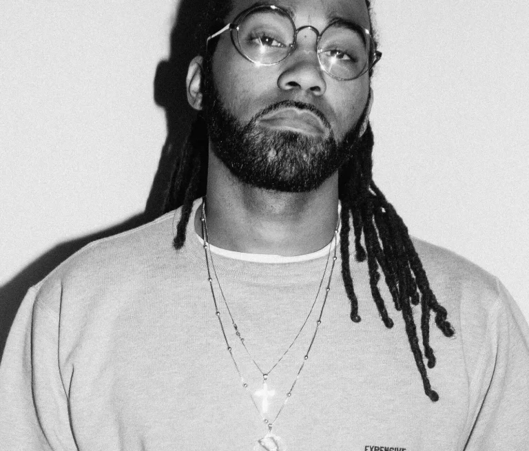 Black and white photo of Terrell Morris looking into camera
