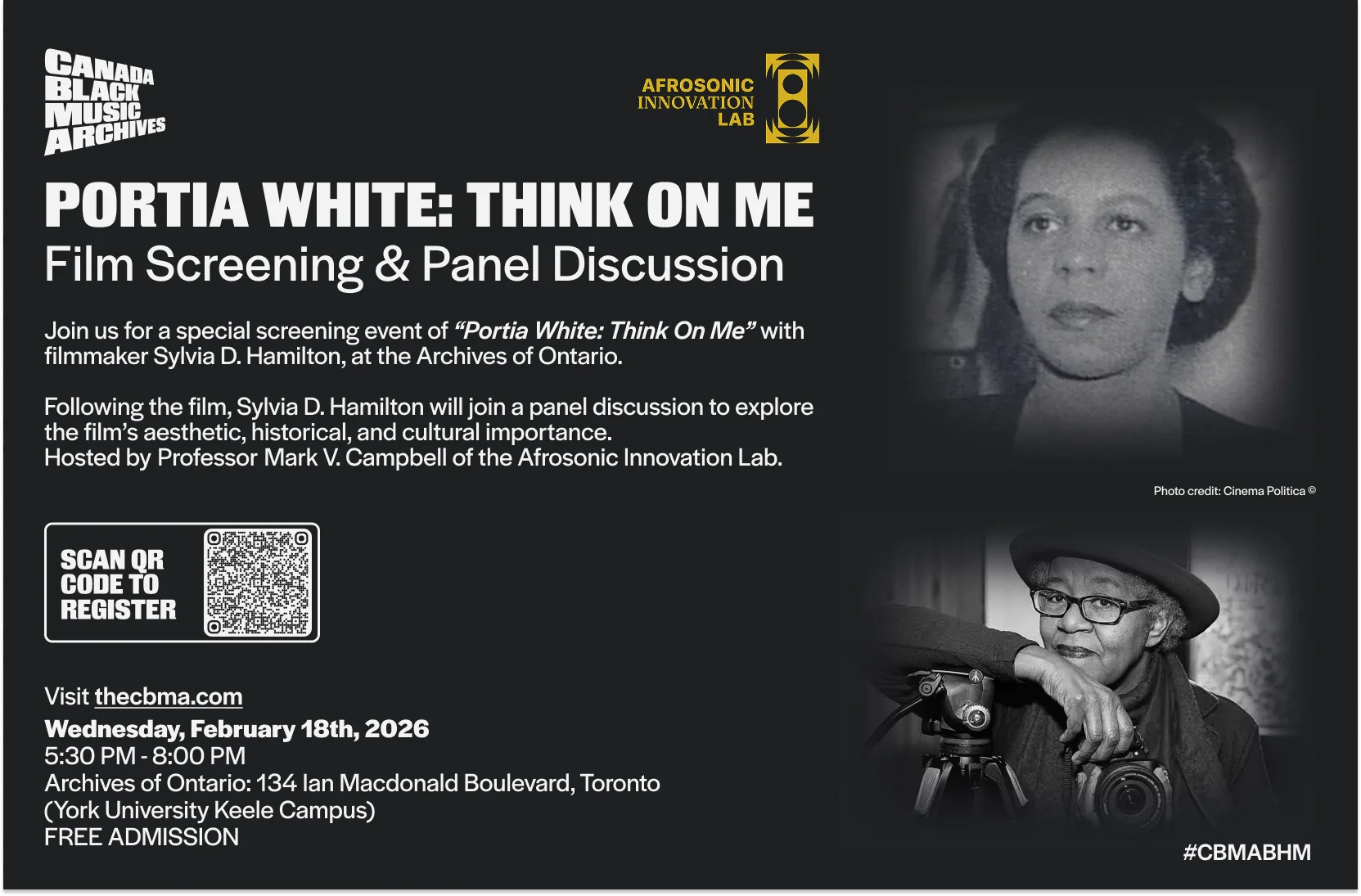 Digital ad for Portia White: Think On Me - Film Screening & Panel Discussion flyer, presented by the Canada Black Music Archives