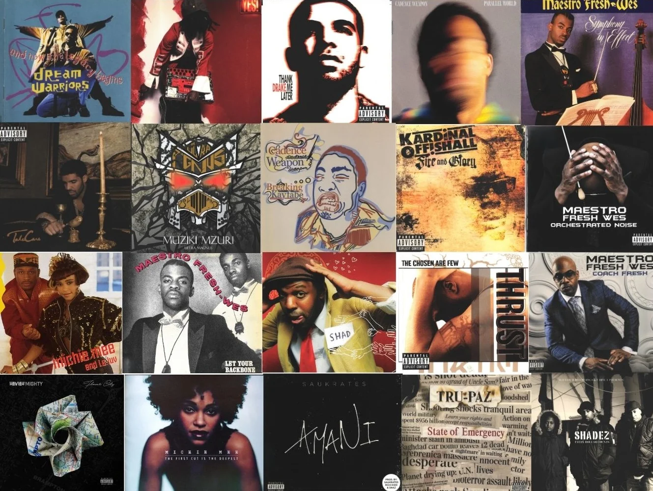 Album cover collage of various famous Canadian hip-hop albums throughout the years