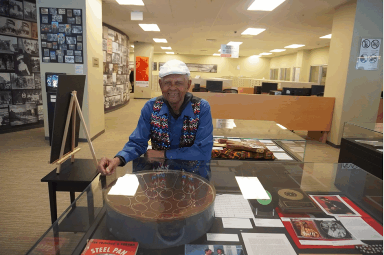 Pat McNeilly aka Panman Pat at B’LACK THEN: Muted Melodies exhibit launch at Archives of Ontario.