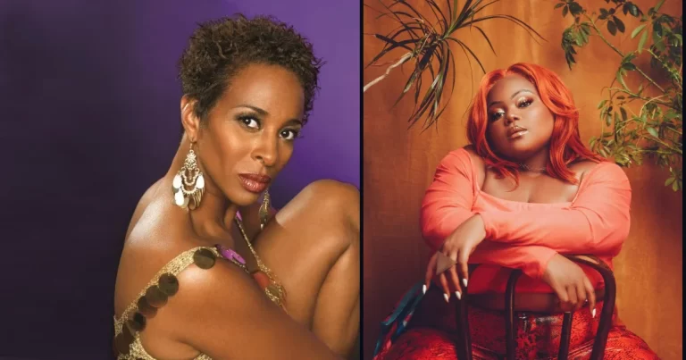 Two images. One of Shakura S'Aida in a golden dress looking over, in front of a purple background (left). The other is Lu Kala sitting in front of a chair with a warm background (right)